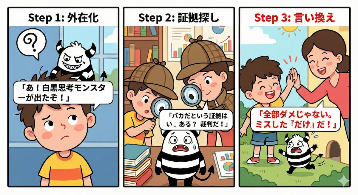 「問題の外在化（Externalization）」と「反証探し」のイメージ