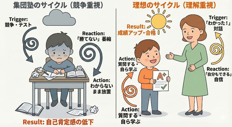 集団塾のサイクルと、お子さんに必要なサイクルの違いの図