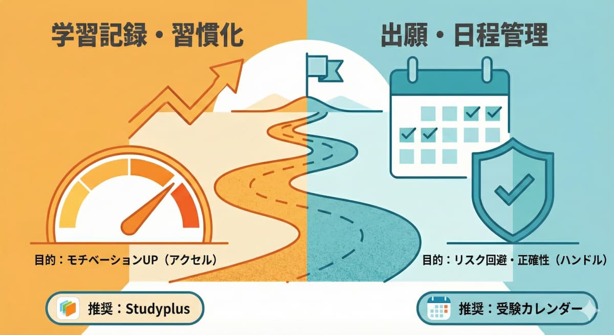 失敗しないための鉄則は、「日々の学習記録」と「入試日程の管理」を、それぞれ別のアプリで管理することを示した図