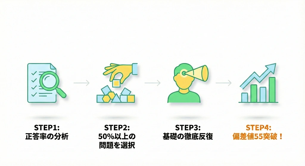 偏差値50から55へ成績を上げるための、正答率50%以上の問題に集中する「引き算の学習」の具体的手順。難問を捨てて基礎を固めることが、最終的な成績向上(原因と結果)に直結することを表現しています。