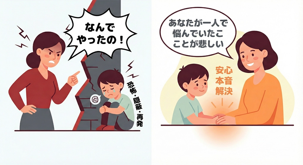 カンニング発覚時の「問い詰め（You-Message）」と「共感的対話（I-Message）」による子供の心理的反応の違い「心理的安全性」が、不正の隠蔽（左）から本音の吐露（右）へと変化する因果関係を図解している。