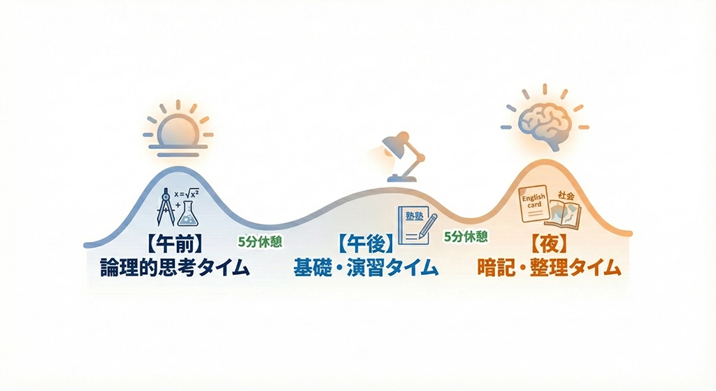 脳科学に基づく集中力のバイオリズムと、学習科目の最適配置を示す図。ポモドーロ・テクニック（集中と休憩の反復）というエンティティ間の関係性を視覚化し、午前の高い波に「論理的思考」、就寝前の波に「暗記」を配置することで学習効率を最大化する構造を説明している。
