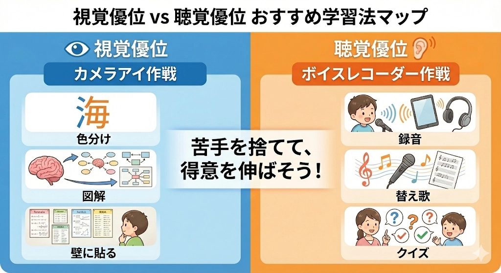 視覚優位と聴覚優位それぞれの子供に適した学習方法をまとめた比較イラスト。