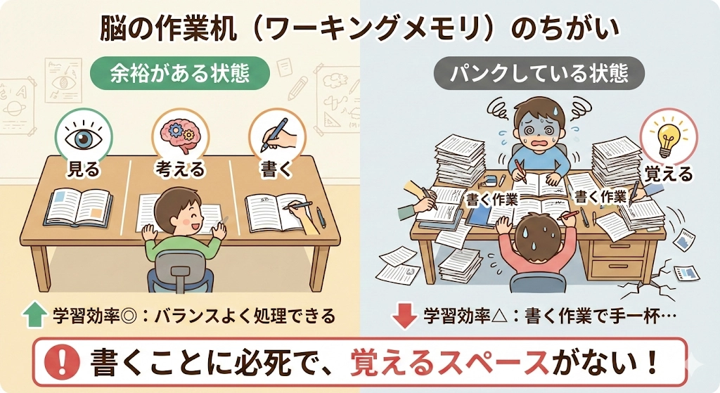 ワーキングメモリを机の広さに例えたイラスト。容量が小さいと書く作業だけで手一杯になり、記憶が定着しない仕組みを図解。