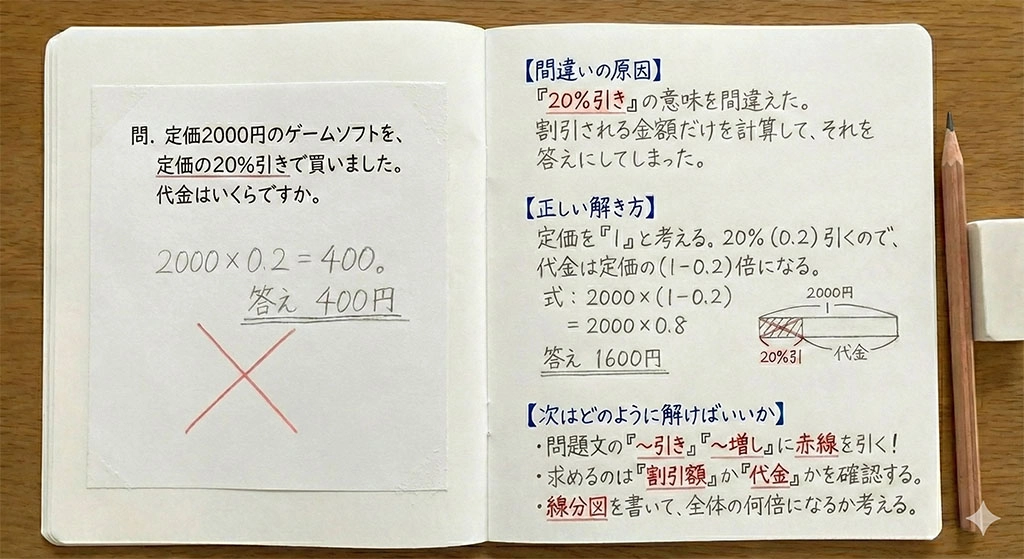偏差値を上げるための「間違い直しノート」の具体例。塾のテストでの「間違い（原因）」を、自習ノート（手段）を使って「解き直し（プロセス）」に変換し、「学力の伸びしろ（結果）」を埋める論理的なノート術を解説している。