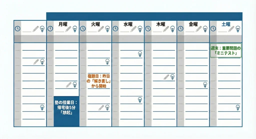 間隔反復（スペーシング効果）を中学受験塾の週次サイクルに最適化（同期関係）させた1週間の学習カレンダー。理論を現実に落とし込むための具体的なスケジュール設計図です。