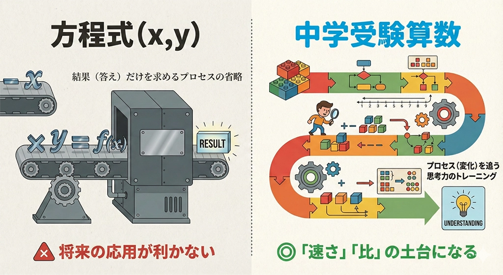 中学受験の算数では思考力のトレーニングで基礎をつくることを説明した図。
