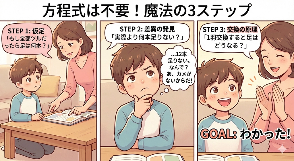 つるかめ算の中核概念である「仮定法」を示した図。