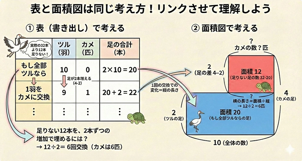 つるかめ算の考え方を示す図。表と面積図をリンクさせて理解する。
